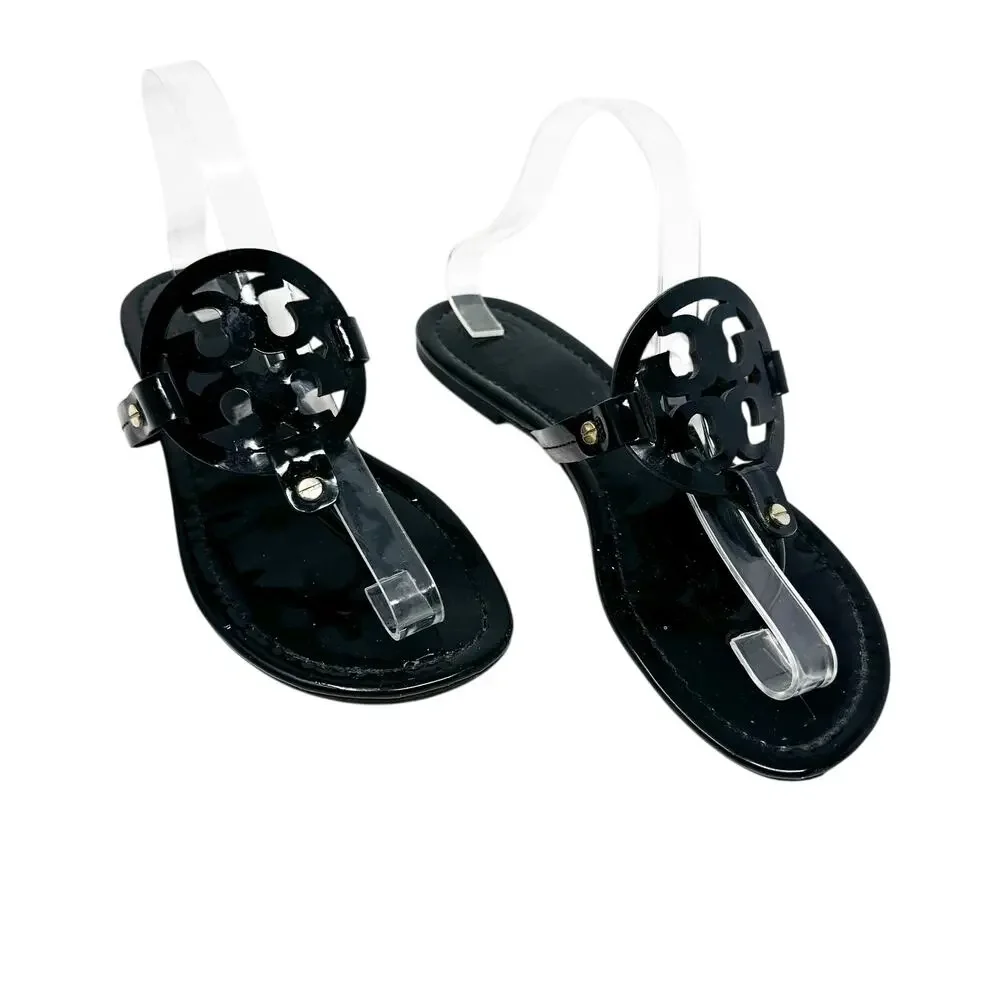 Tory Burch Miller Sandal Black Patent Leather Logo Medallion Thong Flat Size 9